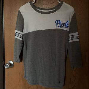 PINK Victoria’s Secret blue sequin 1/2 sleeve grey & white top